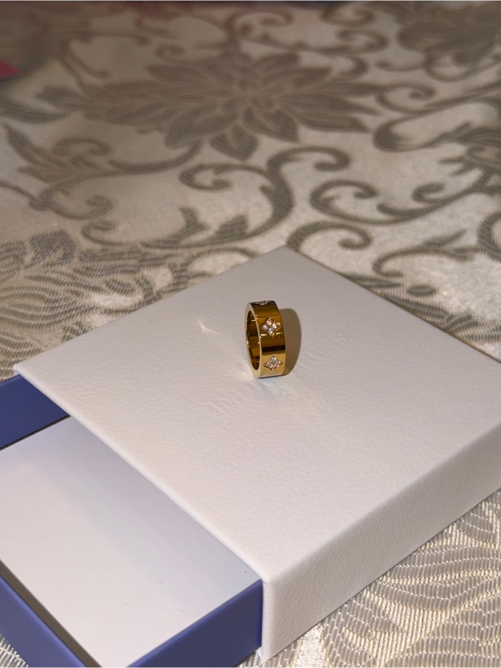 18k gold plated over stainless steel elegant band. Hand-cut 5A Cubic Zirconia